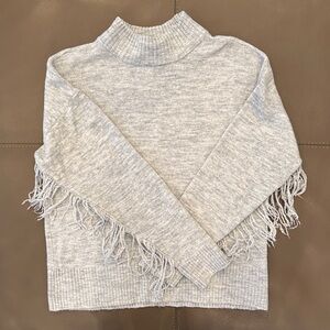 Olivia Sky Light Gray Turtleneck Sweater with Fringe